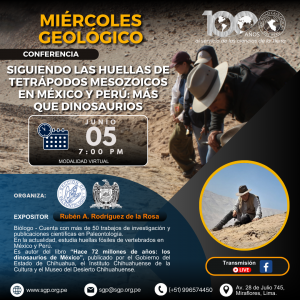 Miércoles Geológico, 05 de junio 2024 8:00 PM | “Siguiendo las huellas de tetrápodos mesozoicos en México y Perú más que dinosaurios”.