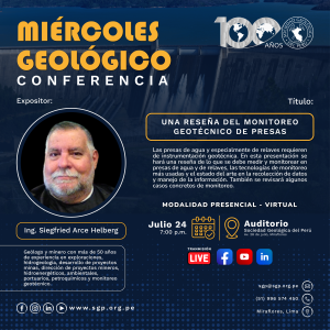 Miércoles Geológico, 24 de julio 2024 7:00 PM | “Una reseña del monitoreo geotécnico de presas”.