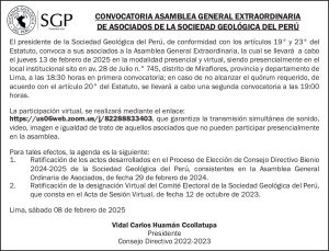 CONVOCATORIA ASAMBLEA GENERAL EXTRAORDINARIA  DE ASOCIADOS DE LA SOCIEDAD GEOLÓGICA DEL PERÚ